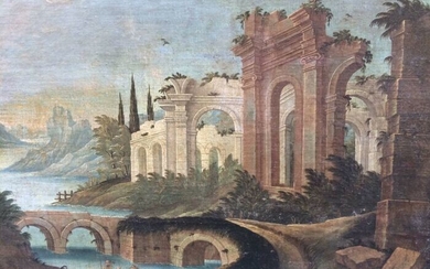 Italian School (XVIII) - Capriccio with Architectural Ruins, Arches and Mountain Landscape