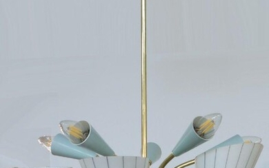 Italian ten light brass chandelier, circa 1950, with five glass shades and five egg shell enamelled shades, 64cm high It is the buyer's responsibility to ensure that electrical items are professionally rewired for use