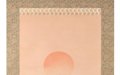 JAPANESE SCHOOL, 20TH CENTURY, HANGING SCROLL PAINTING OF SUN-RISE, PINE AND A BIRD, Pigment on paper mounted on brocade, Painting: 51 1/4 x 16 5/8 in. (130.2 x 42.2 cm.)