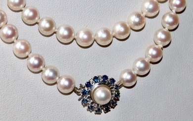 "JKA" Japanese "AAA" sea/saltwater Akoya pearls - 0.60Ct - Necklace - 14 kt. White gold Sapphire