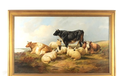 JOHN W. MORRIS (1865-1924) A LARGE OIL ON CANVAS. Cattle and...