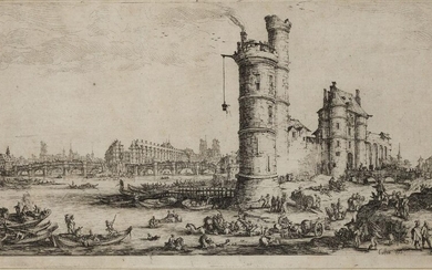 Jacques Callot, French 1592-1635- The Pont Neuf and the Tour de Nesle, Paris; etching on laid paper, inscribed 'Callot fec.' (lower right), c.1630, the plate 16.8 x 34 cm. Meune 714, Lieure 668 ii/iv. Provenance: With Thomas Agnew & Sons, London.;...
