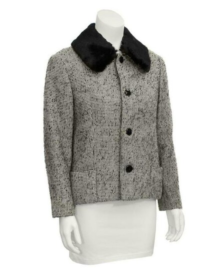 Jacques Griffe Black Tweed Jacket with Fur Collar