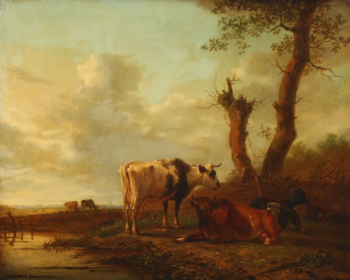 Jan Baptiste Kobell II: Landscape with grazing cattle. Signed and dated J. Kobell 1801. Oil on panel. 34×40 cm.