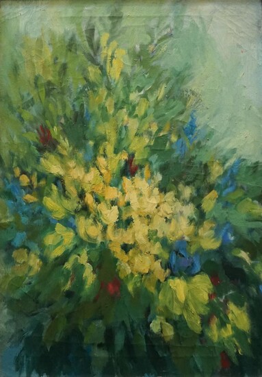 Jane Bobczynski, American 20th Century, Still Life of Yellow Flowers, Oil on Canvas, Framed: 30 x 22 in