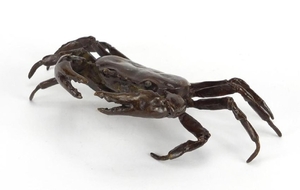 Japanese patinated bronze crab, character marks to the base,...