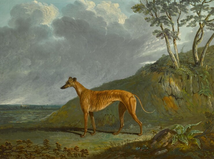 John Frederick Herring Sr., A brindle Greyhound bitch in a landscape