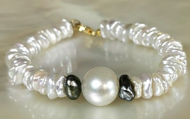 Keshis Tahiti & FWP with a Southsea pearl Ø 13,3MM - 925 Freshwater pearls, Silver, Tahitian pearls - Bracelet