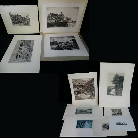 LOT/11 ANTIQUE ENGRAVINGS/ETCHINGS LANDSCAPES/STREETS SCENES 17" X 16" OVERALL
