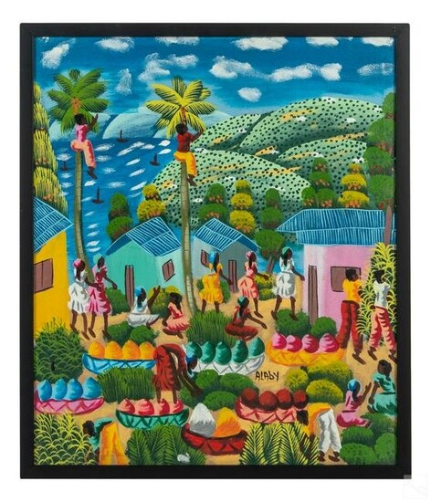 L.Y. Alaby 20C Haitian Folk Art Landscape Painting
