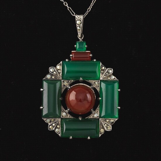 Ladies' Art Deco Wachenheimer Brothers Sterling Silver, Green Onyx, Carnelian and Marcasite Pendant on Figaro Chain