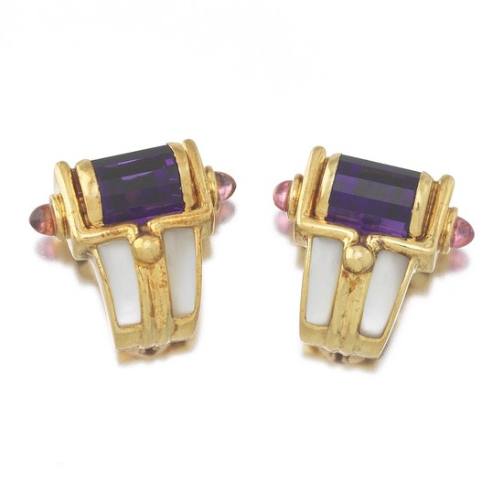 Ladies' Gold, Amethyst, Pink Tourmaline and Mother-of-Pearl Pair of Ear Clips