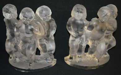 Lalique Frosted and Clear 3 Cherub Bookends
