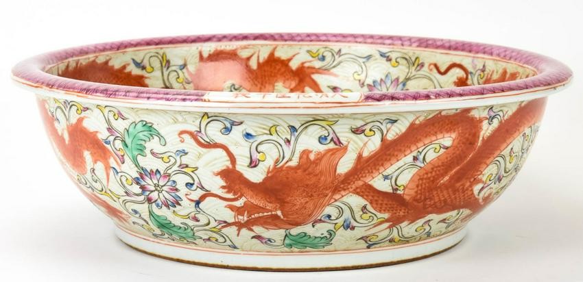 Large Chinese Porcelain 5 Claw Dragon Bowl Signed
