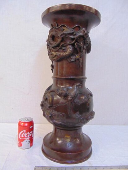 Large Japanese bronze vase with applied dragons, birds
