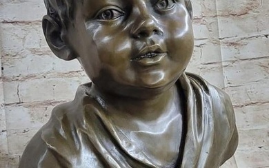 Large Original Bronze Bust Sculpture Of Young Boy On Marble Base Signed Milo - 27lbs