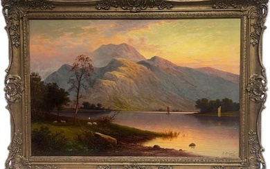 Large Victorian Signed Oil Painting English Lake District Sunset Ullswater