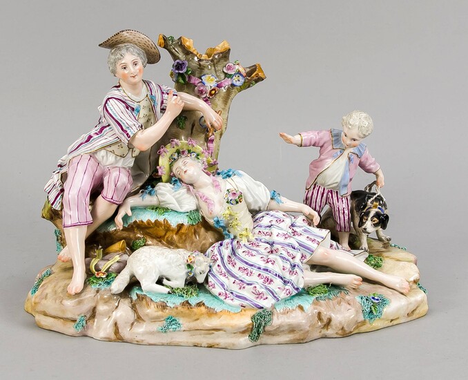Large group of shepherds, Meissen imitation mark, 19th / 20th Century, resting shepherdess and a shepherdess on a log, next to it lying sheep and boy with dog, poolychrome painted and gilded, model no. 2157, multiple dam., 22 x 31 x 21 cm