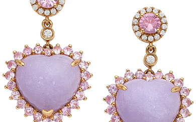 Lavender Jadeite Jade, Pink Sapphire, Diamond, Rose Gold Earrings...