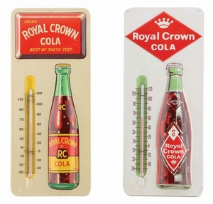 Lot Of 2: Royal Crown Cola Embossed Tin Thermometers.