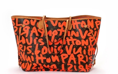 NOT SOLD. Louis Vuitton: A "Limited Edition Grafitti Neverfull" tote bag made of brown monogram...