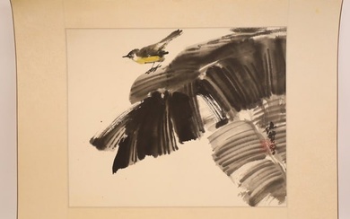 Lu Chun Lan "Bird On Leaves" Watercolor & Ink