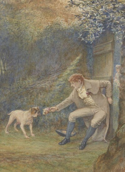 M Barnes, British, mid-late 19th century- The go-between; watercolour, signed, 44.5 x 32 cm