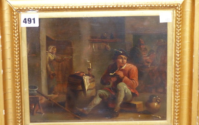 MANNER OF DAVID TENIERS THE YOUNGER, A PIPE SMOKER IN A TAVERN INTERIOR, OIL ON OAK PANEL, 24 x 18.