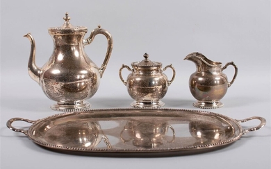 MEXICAN SILVER THREE-PIECE TEA SET AND TRAY