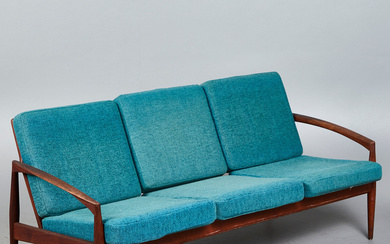 Magnus Olesen A/S, sofa/three-seater, 'Paper Knife' model, teak, wool, 1960s, Denmark.