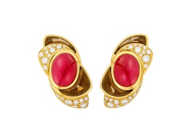 Marina B Pair of Gold, Cabochon Ruby, Citrine and Diamond Earrings