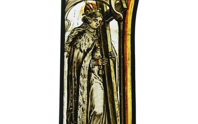 Medieval Stained Glass Panel with a Bishop holding a Cross