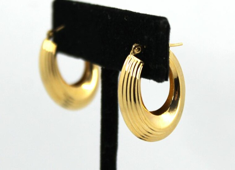 Modern 14K Yellow Gold Oval Hoop Drop Earrings