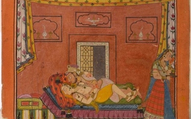 Mughal miniature representing an "Erotic Scene" in gouache,...