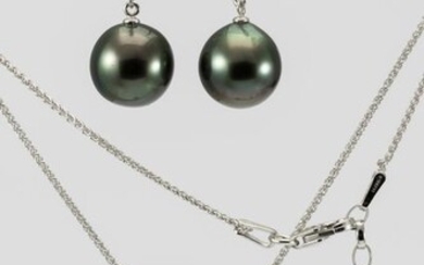 NO RESERVE - 10x11mm Peacock Tahitian Pearls - 14 kt. Silver, White gold - Earrings, Necklace with pendant, Set