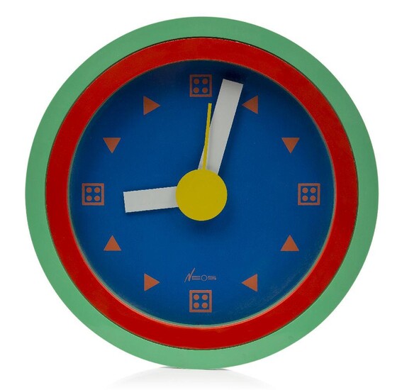 Nathalie du Pasquier (French b.1957) and George Sowden (British b.1942), a wall clock for Neos of Lorenz, c.1988, cast manufacturer's marks to reverse - 'Neos of Lorenz Design Du Pasquier Sowden Made in Italy', Of circular form, with blue enamelled...