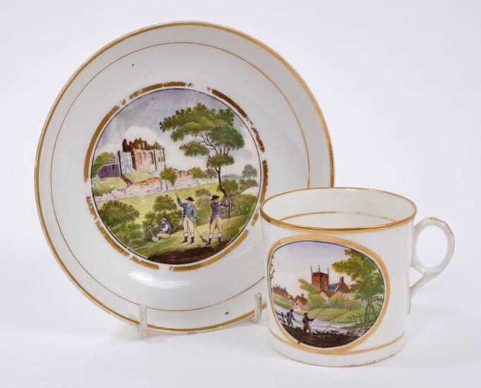 New Hall coffee can and saucer, a Derby saucer and a Davenport can
