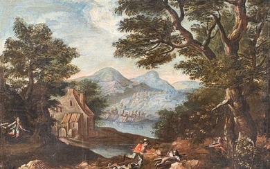 Northern Italian or French school of the early XVIII Century - Wolf hunting by the lake