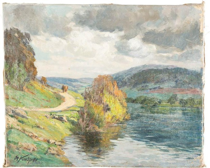 OSKAR KASPER 1876 - ? River landscape in summer Oil on