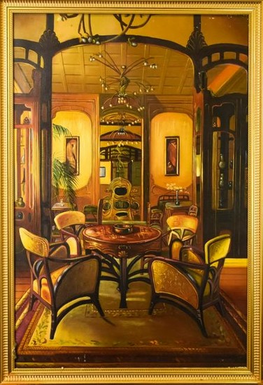 Oil Painting Depicting Interior Scene of Salon