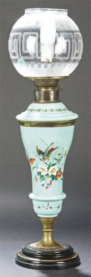 Oil lamp in turquoise opaline with painted decoration