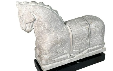 PAIR OF CARVED TRAVERTINE HORSES