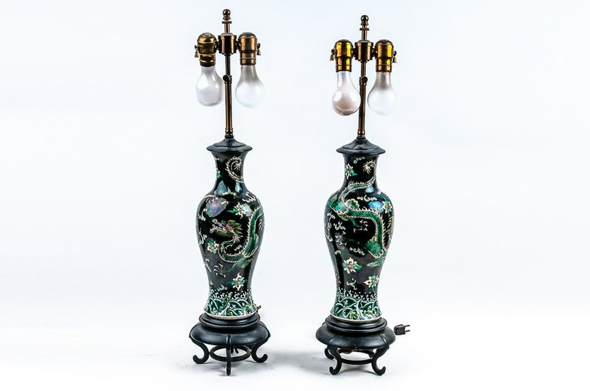 PAIR OF CHINESE FAMILLE NOIRE PORCELAIN VASES