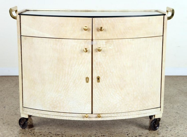 PARCHMENT COVERED DEMILUNE GLASS TOP BAR C.1950