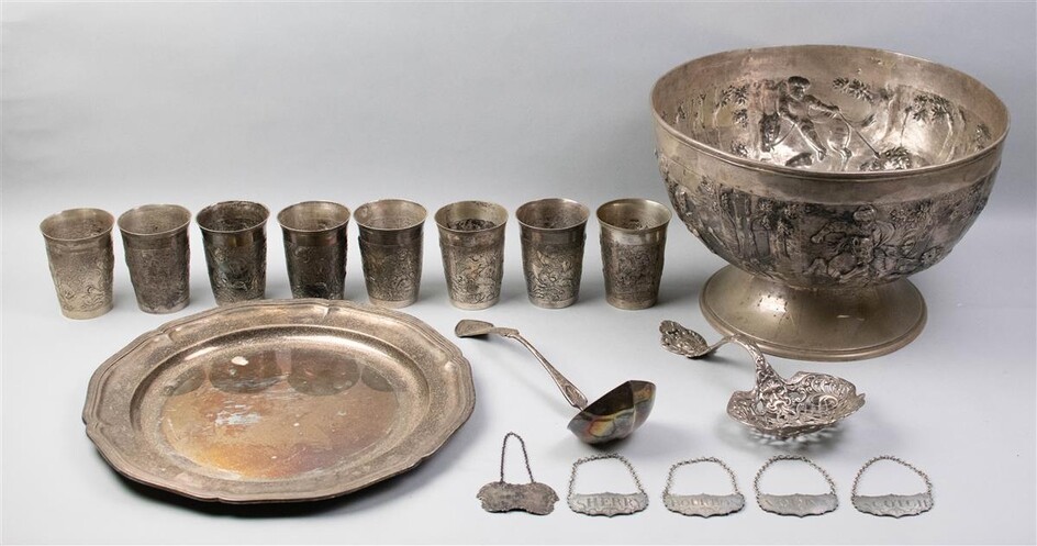 PLATED 'HUNTING' PUNCH BOWL, EIGHT MATCHED CUPS, PLATED STAND, FIVE STIEFF PEWTER LIQUOR PLAQUES, A GORHAM SILVER LADLE AND A BONBONNIERE
