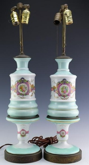 Pair French Floral Enameled Opaline Glass Lamps