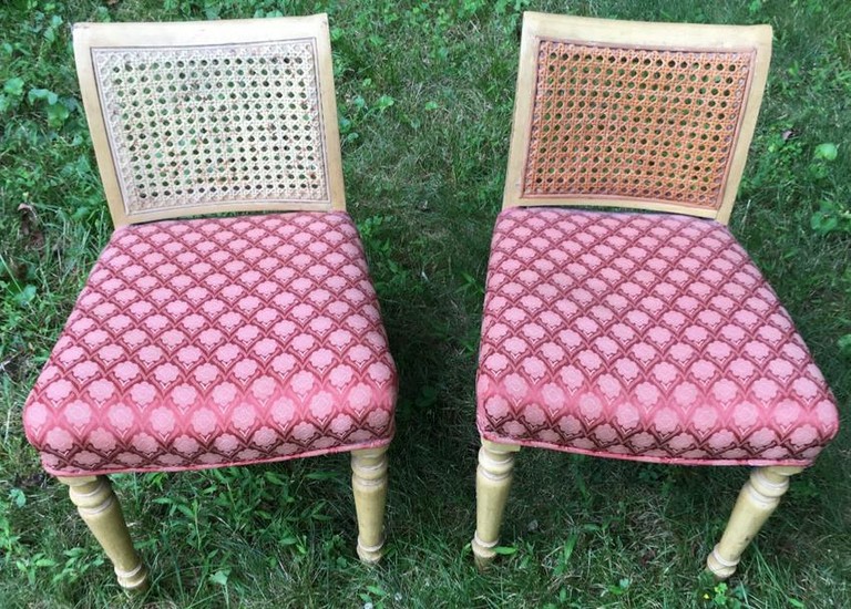 Pair French Style Caned & Upholstered Side Chairs