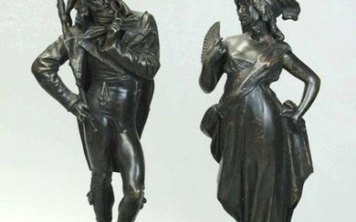 Pair Of 18th C Bronze Statues of Man & Woman Wearing Traditional French Dress on Wood Bases