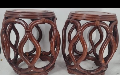 Pair Of Chinese Hardwood Carved Stools / Chinese Carved Drum Stools