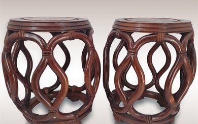 Pair Of Chinese Hardwood Carved Stools / Chinese Carved Drum...